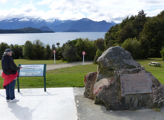Randall at Lake Manapouri: the rock shows the height the shoreline would have been if the lake had been flooded as planned in the 1960s , Nov 2015